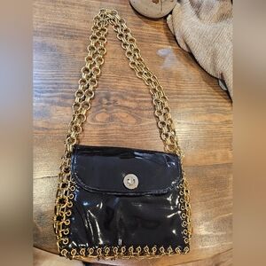Vintage Saks Fifth Avenue Black Patent Leather Shoulder Bag with Gold Chain